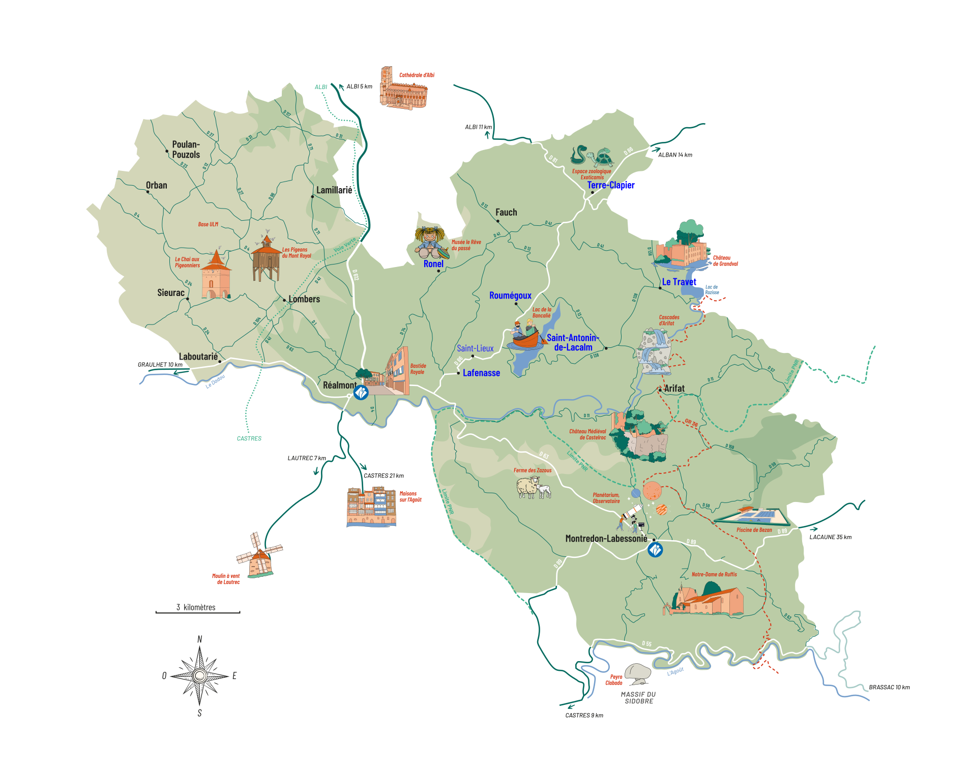 Carte illustrée du Centre Tarn, de Réalmont à Montredon-Labessonié